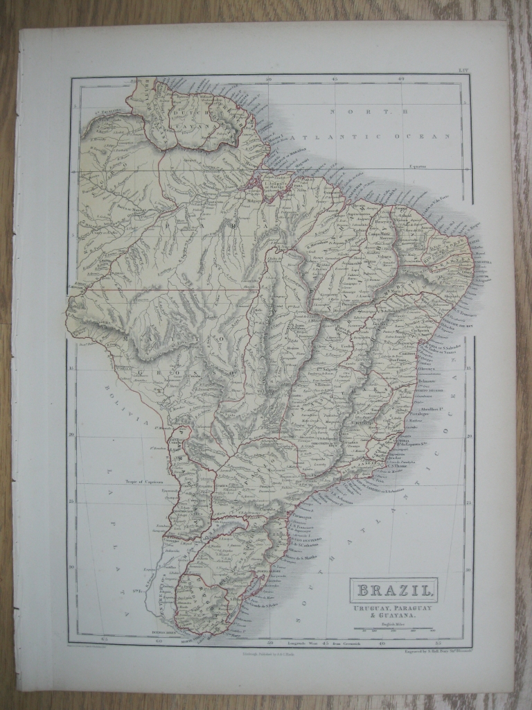 Mapa de Brasil, Uruguay, Paraguay y Guayana., ca. 1850.  A & C. Black